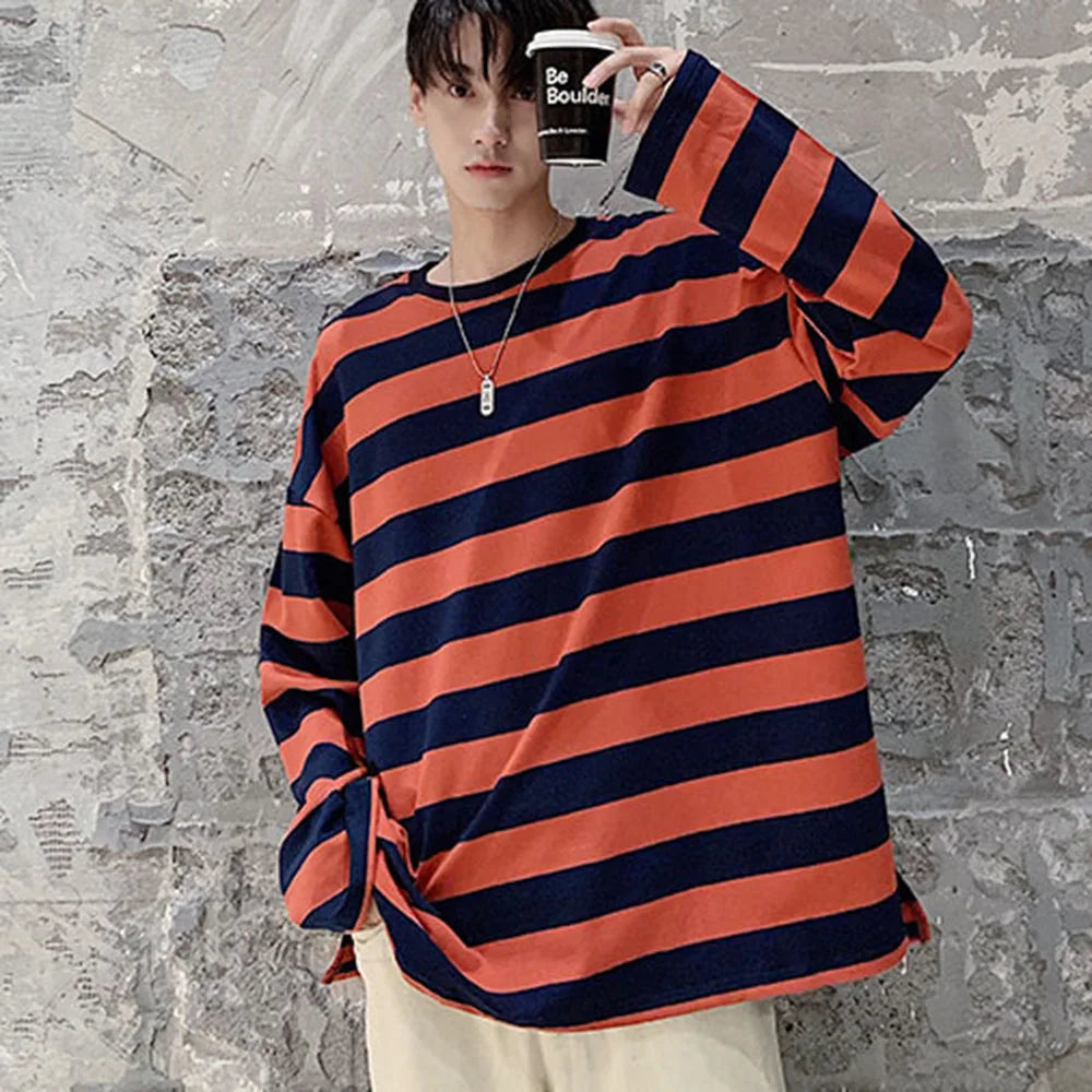 OTUSI  Unisex Autumn Striped Long Sleeve Shirt Harajuku Oversized Striped Blouse Fashion Casual Gothic Grunge T-Shirt Pullover Tee Tops