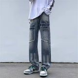 OTUSI Jeans Men Y2K Solid Color Raw Edge Wash Stitching Overalls Mid-waist Pants