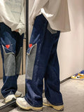 OTUSI Harajuku Wide Leg Baggy Jeans Pants Men Love Heart Oversize Straight Denim Buttton Cargo Long Trousers Streetwear Student New