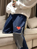 OTUSI Harajuku Wide Leg Baggy Jeans Pants Men Love Heart Oversize Straight Denim Buttton Cargo Long Trousers Streetwear Student New