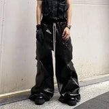 OTUSI RO Style Glossy Black Pu Leather Pants for Men High Street Y2k Pantalones Hombre Baggy Overall Wide Leg Drawstring Cargo