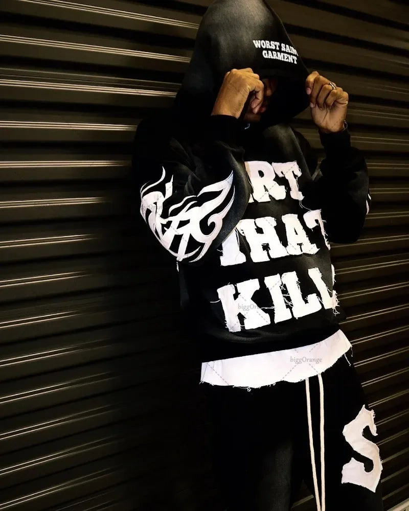 OTUSI American Trendy Gothic Raw Edge Embroidery Oversized Hoodie Men's Y2K Street Hip-Hop Harajuku Versatile Loose Sweatshirt Women's