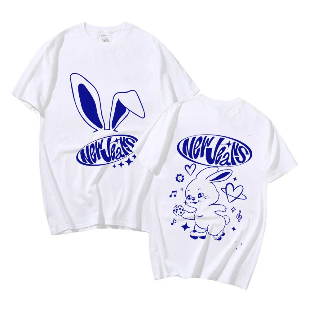 OTUSI NewJeans Bunny Print T-Shirt Fashion Kpop Cute Graphic T Shirts Men's Women's Aesthetic Harajuku Short Sleeve T-shirt Streetwear EASTER
