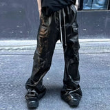 OTUSI RO Style Glossy Black Pu Leather Pants for Men High Street Y2k Pantalones Hombre Baggy Overall Wide Leg Drawstring Cargo