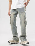 OTUSI Mud Yellow Jeans for Men Y2K Solid Color Overalls with Buttons Multi-pocket Zipper To Make Old Pants Loose
