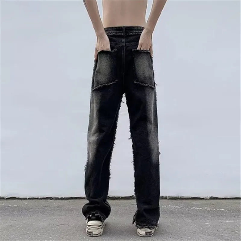 OTUSI Jeans Men Y2K Solid Color Raw Edge Wash Stitching Overalls Mid-waist Pants
