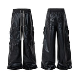 OTUSI RO Style Glossy Black Pu Leather Pants for Men High Street Y2k Pantalones Hombre Baggy Overall Wide Leg Drawstring Cargo