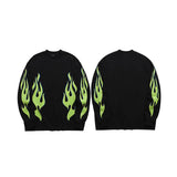 OTUSI Spring Long Sleeve Round Neck Sweater American Retro Fluorescent Green Fireworks Printed Loosen Style Men
