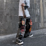 OTUSI Retro Print Graffiti Straight Pants Loose Denim Trousers Street Casual Wide Leg Men Pants Hip Hop Cargo