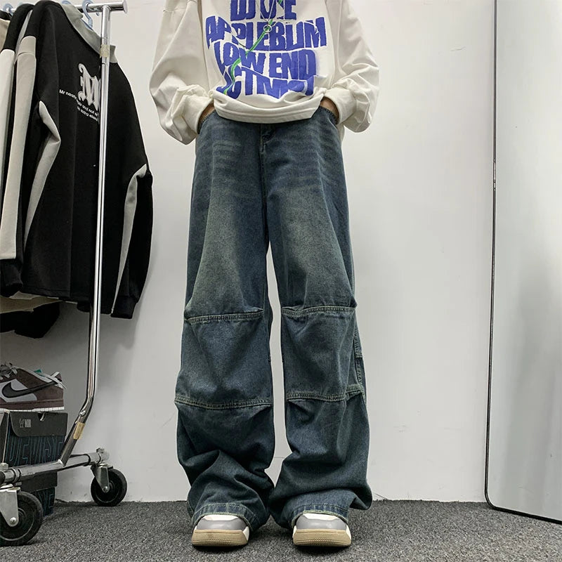 OTUSI Distressed Vintage Wide-leg Jeans Pants Men Hip Hop Patchwork Denim Male Loose Casual Japanese Streetwear Mopping Trousers