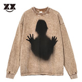OTUSI Distressed Gothic Sweatshirt Character Silhouette Printed Harajuku Casual Loose Long Sleeve Sweatshirt Street Sweatshirt