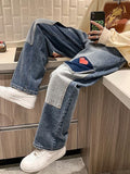 OTUSI Harajuku Wide Leg Baggy Jeans Pants Men Love Heart Oversize Straight Denim Buttton Cargo Long Trousers Streetwear Student New