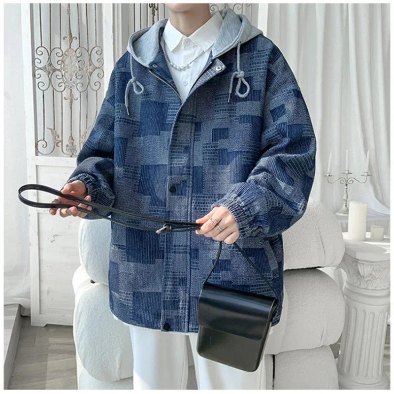 OTUSI Spring and Autumn New 2024 Men Jacket Denim Color Contrast Hooded Plaid Jacket Men's Fashion Oversize Coat 5xl Jacket