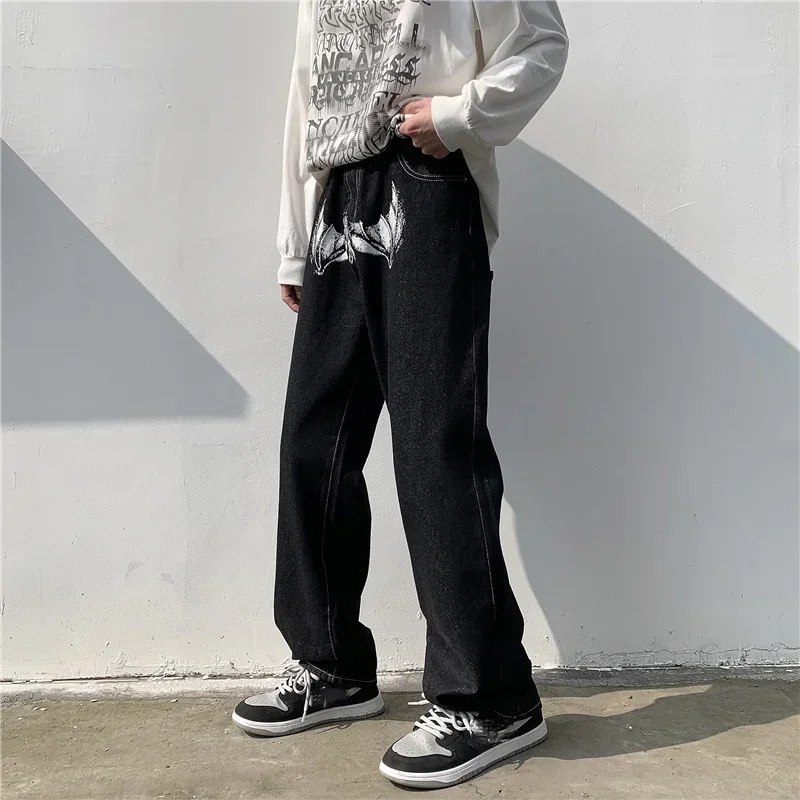 Otusi-Hip Hop Printed Jeans Men Baggy Black Denim Trousers Straight Pants Spring Fashion Korean Streetwear Male Bottoms Y2K Clothes