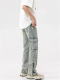OTUSI Mud Yellow Jeans for Men Y2K Solid Color Overalls with Buttons Multi-pocket Zipper To Make Old Pants Loose