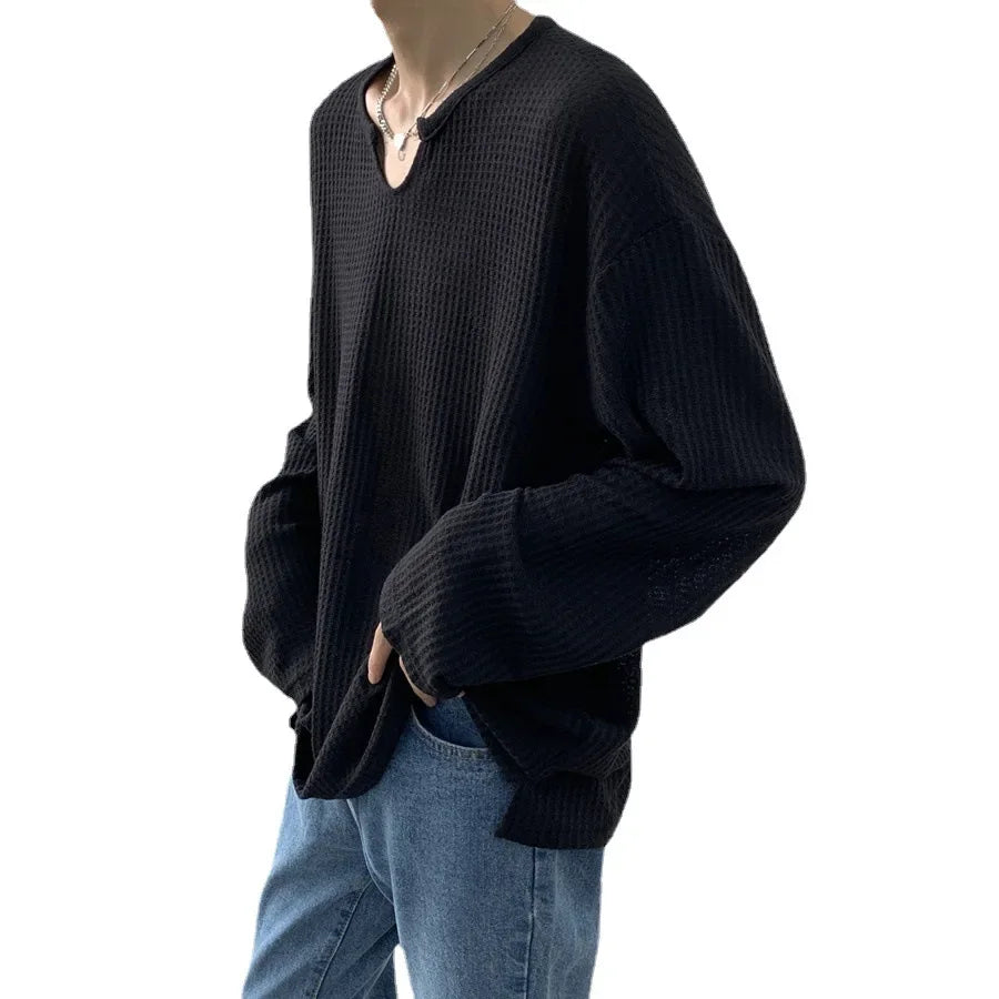 OTUSI Mens Spring V-Neck Long Sleeve T-Shirt Male Japanese Vintage Thin Loose Bottom T-Shirts Waffle Split Hem Pullovers Man Clothing