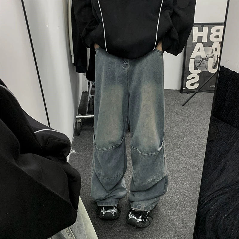 OTUSI Distressed Vintage Wide-leg Jeans Pants Men Hip Hop Patchwork Denim Male Loose Casual Japanese Streetwear Mopping Trousers