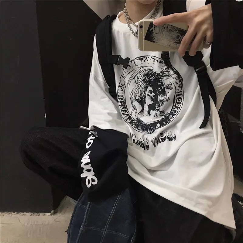 OTUSI T-shirt for men 2024 autumn Anime Long sleeve Print y2k t shirts harajuku Men tee top streewear casual Hip-pop Oversized t-shirt