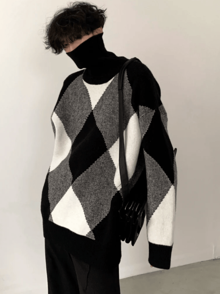 Otusi [AutumnWind] black and white high-end design turtleneck sweater na673