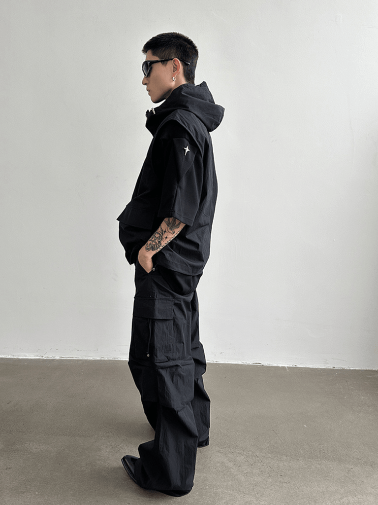 Otusi [GENESISBOY] hooded vest + pleated wide-leg overalls setup NA729