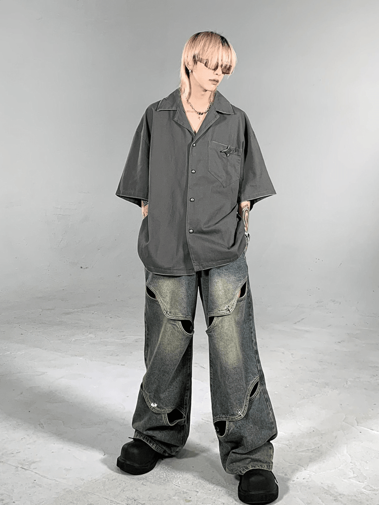 Otusi [ASHDARK] metal buckle washed straight jeans NA839