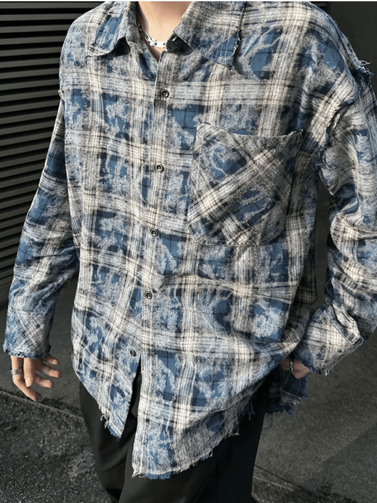 Otusi [JM HOMME] distressed raw edge plaid shirt na836