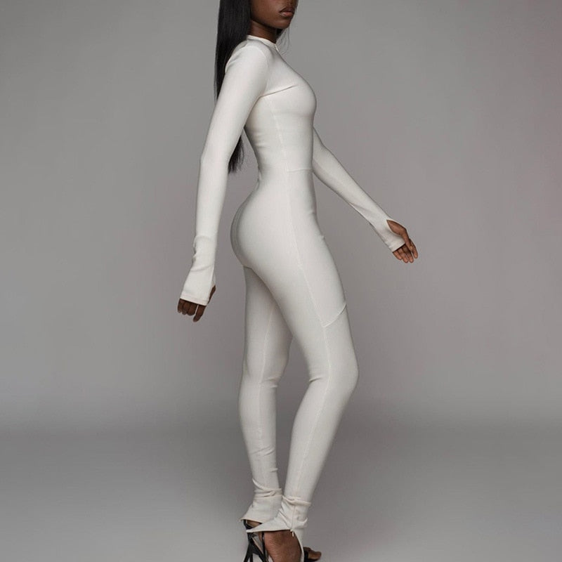 Otusi Zipper One Peice Jumpsuit Women Fitness Sports Sexy Outfits Black White Long Sleeve Bodycon Jumpsuits C66-CG28