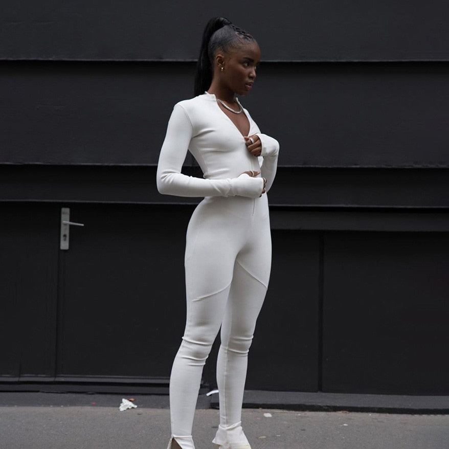 Otusi Zipper One Peice Jumpsuit Women Fitness Sports Sexy Outfits Black White Long Sleeve Bodycon Jumpsuits C66-CG28