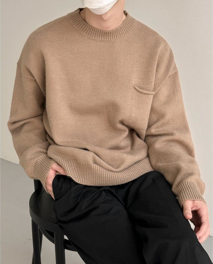 Otusi Basic Pocket Round Neck Thickened Sweater