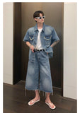 Otusi Blue Denim Shirt & Wide-leg Cropped Shorts