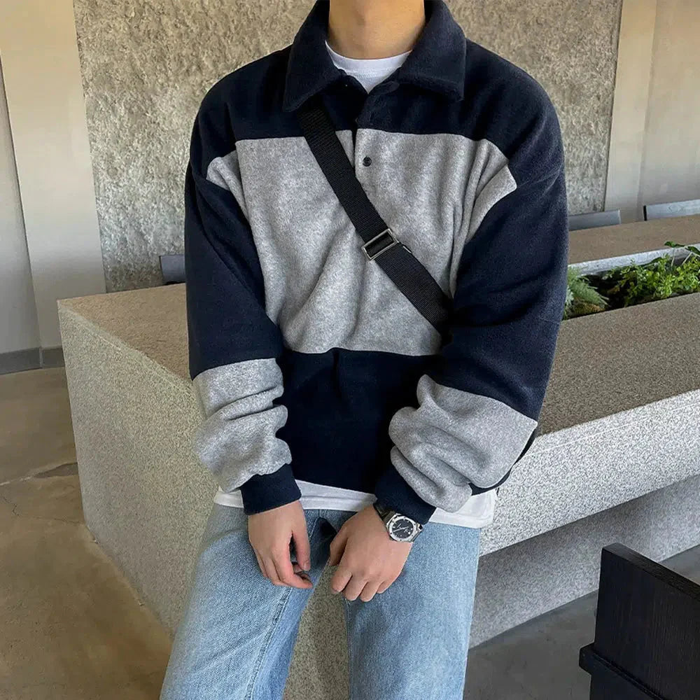 Otusi Contrast Color Polo Collar Sweatshirt
