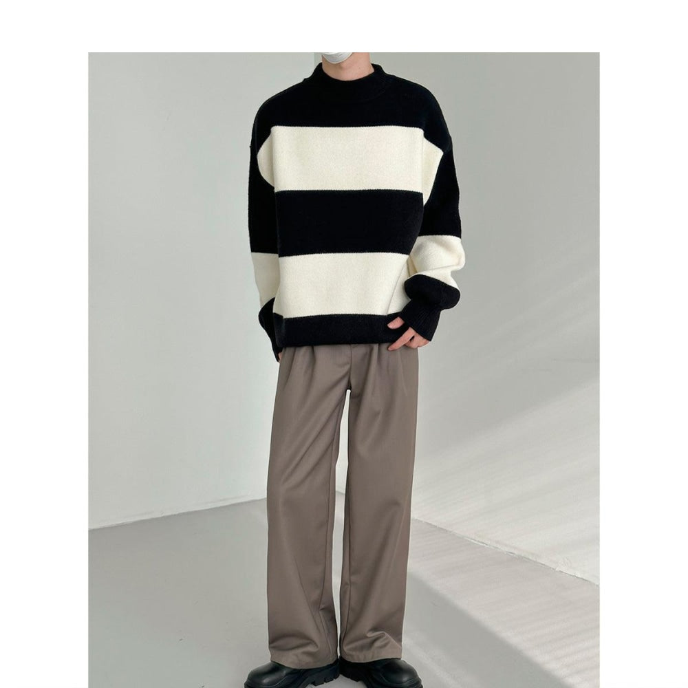 Otusi Crisp Wide Round Neck Striped Sweater