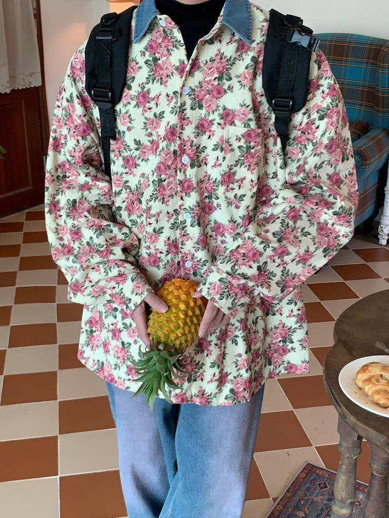 Otusi Denim Neck Corduroy Floral Vintage Shirt