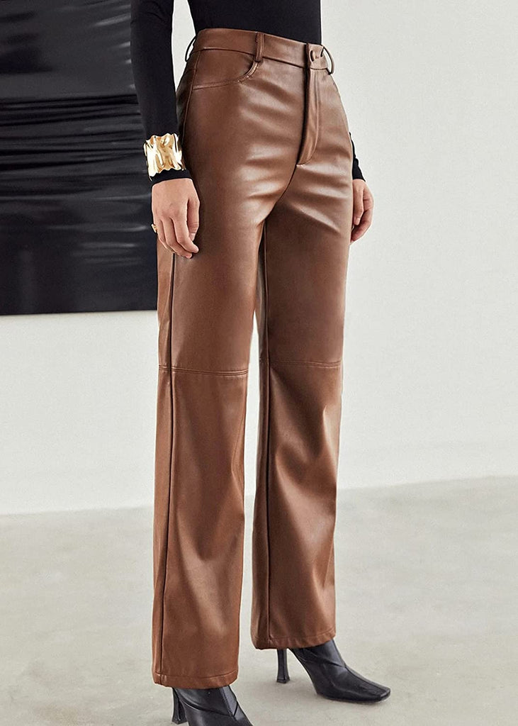 Otusi Women Leather Pants High Waist Straight Slimming Side Pockets Solid Color Casual Party Fall Trousers Spring Autumn