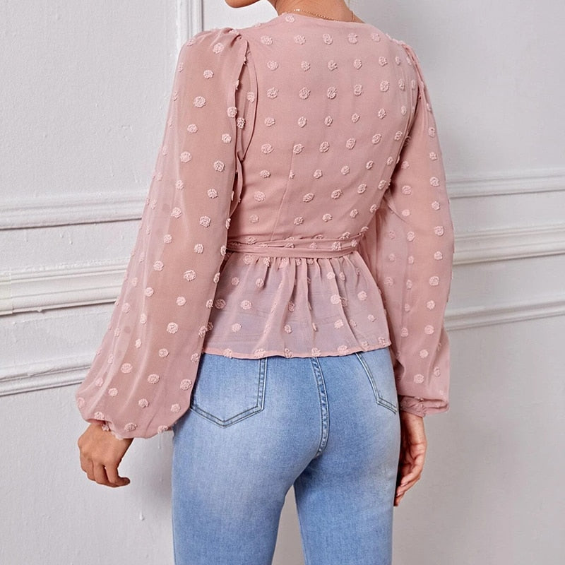 Otusi Spring Autumn V Neck Wrap Blouses Women Long Sleeve Casual Office Tops Female Solid Ruffles Pink Blouses Elegant Lace Up Work Tops
