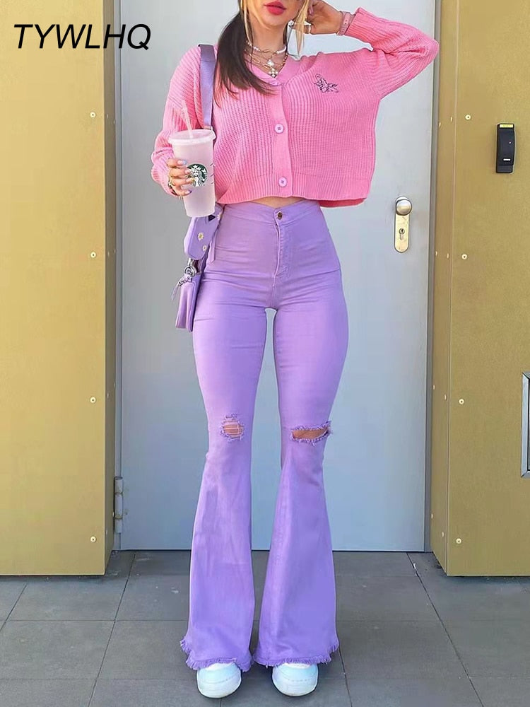 Otusi Streetwear Y2k Flared Jeans Women High Waist Fashion Purple Stretch Baggy Mom Jeans Wide Leg Pants Elegant Denim Trousers 90S