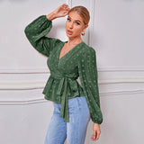 Otusi Spring Autumn V Neck Wrap Blouses Women Long Sleeve Casual Office Tops Female Solid Ruffles Pink Blouses Elegant Lace Up Work Tops