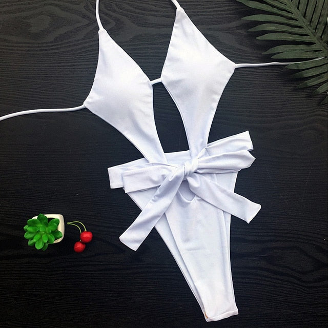 Sexy High Cut Leg Swimwear One Piece Swimsuit Women Waist Bandeau Monokini Thong Bodysuit White Beachwear Brazilian Bathing Suit