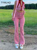 Otusi Streetwear Y2k Flared Jeans Women High Waist 90S Pink Stretch Baggy Jeans Wide Leg Pants Denim Pants 2023 Pink Cute Pants