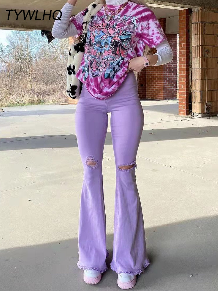 Otusi Streetwear Y2k Flared Jeans Women High Waist Fashion Purple Stretch Baggy Mom Jeans Wide Leg Pants Elegant Denim Trousers 90S