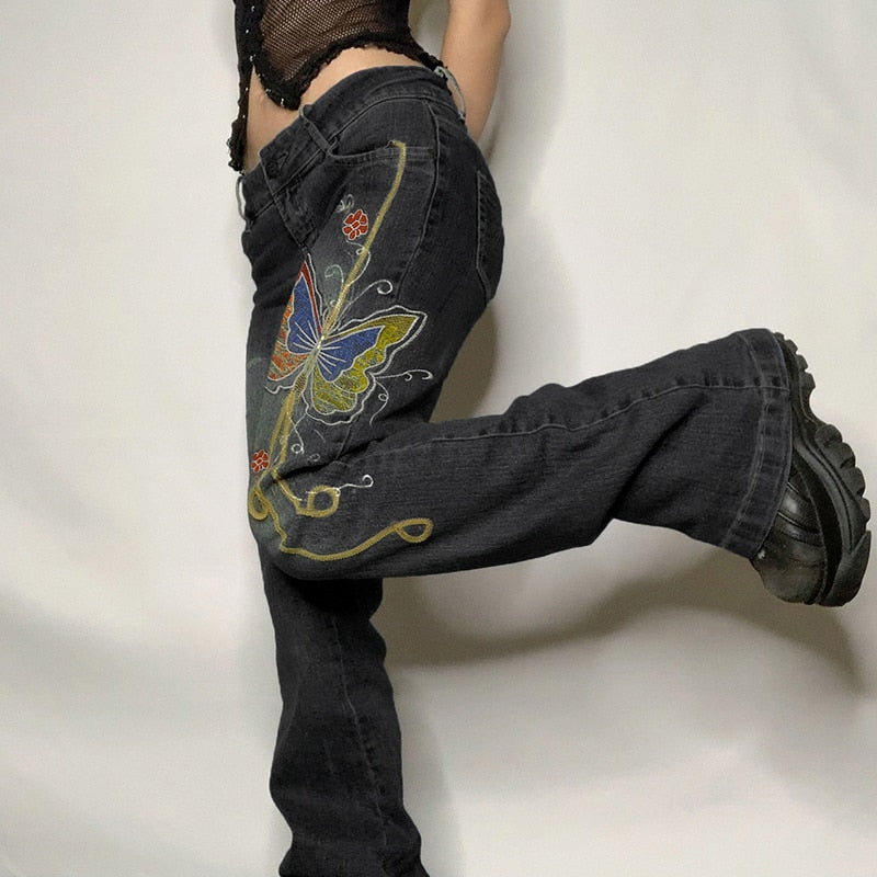 Otusi Retro Butterfly Print Y2K Denim Jeans Low Waisted Grunge Vintage Cargo Trousers Fairycore Harajuku Fashion Pants Cuteandpsycho