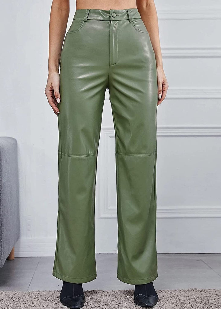 Otusi Women Leather Pants High Waist Straight Slimming Side Pockets Solid Color Casual Party Fall Trousers Spring Autumn