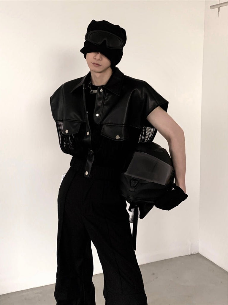 Otusi [AutumnWind] punk splicing black pu leather vest jacket na785