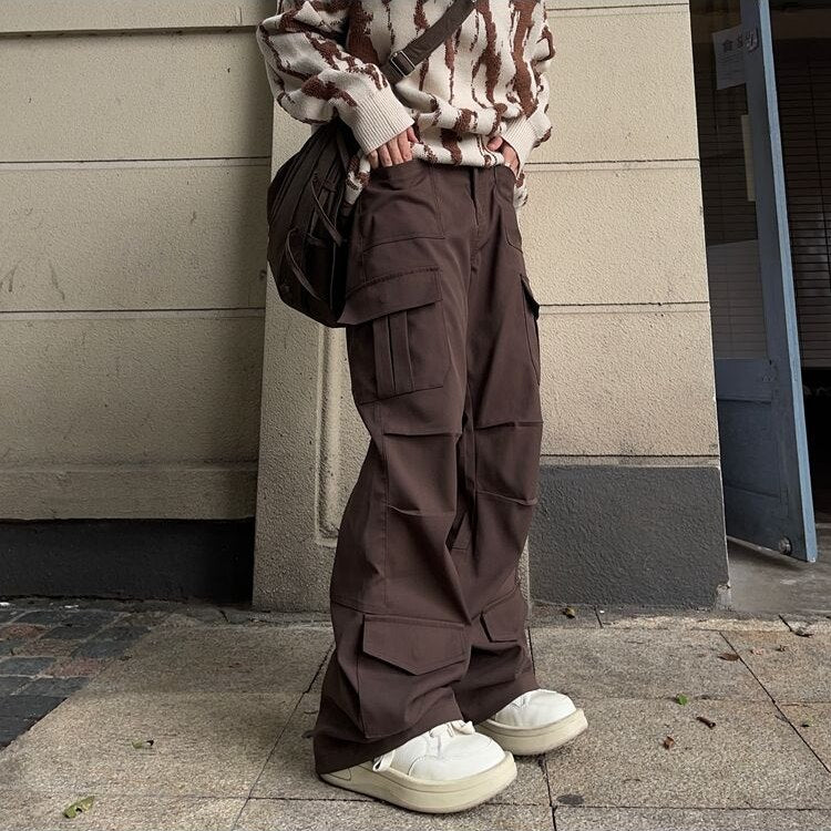 Otusi Streetwear Retro Black Cargo Pants Women Hip Hop Vintage 90s Brown Trousers Oversized Harajuku Pockets Wide Leg Cargo Pants