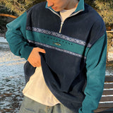 OTUSI Wiaofellas England Retro Geometry Print Patchwork Youth Hoodie Zip Up Lapel Cashmere Sweater Autumn Winter Warm Loose Daily Sweatshirts Men