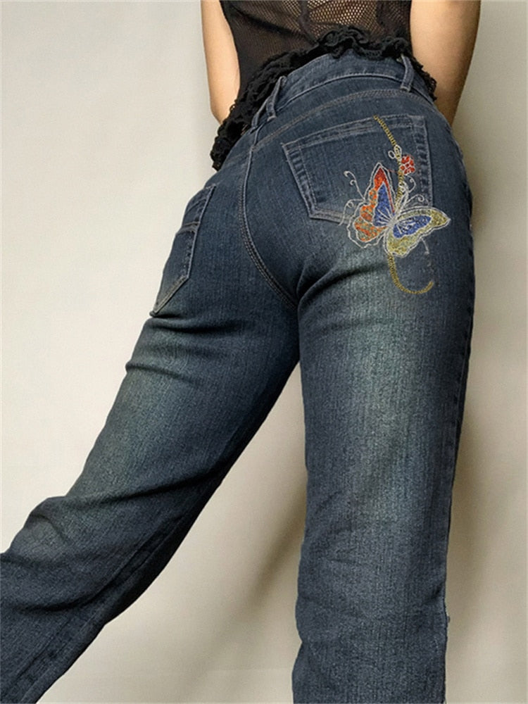 Otusi Retro Butterfly Print Y2K Denim Jeans Low Waisted Grunge Vintage Cargo Trousers Fairycore Harajuku Fashion Pants Cuteandpsycho