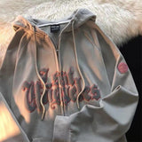 OTUSI Wiaofellas Vintage Letter Print Zip Up Hoodie Women Jacket sweatshirt Oversized Casual Teens Clothes Hip Hop Streetwear New Korean
