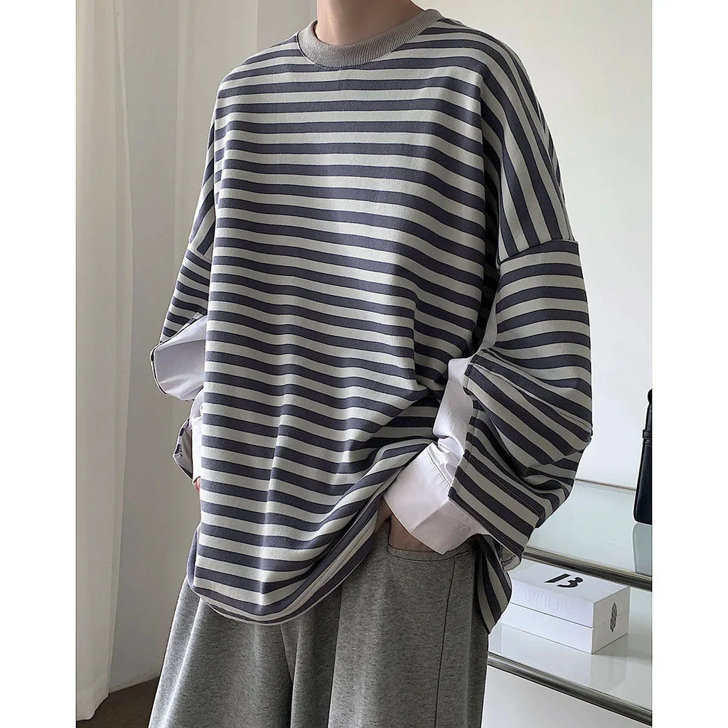 OTUSI Wiaofellas Men's High-quality Cotton Striped Hoodies Printing Oversized Sweatshirts Round Neck Casual Pullover Loose Long Sleeves Coat