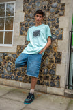 Otusi Short Sleeved T-shirt in Carribean Blue with Futuristic Globe Print