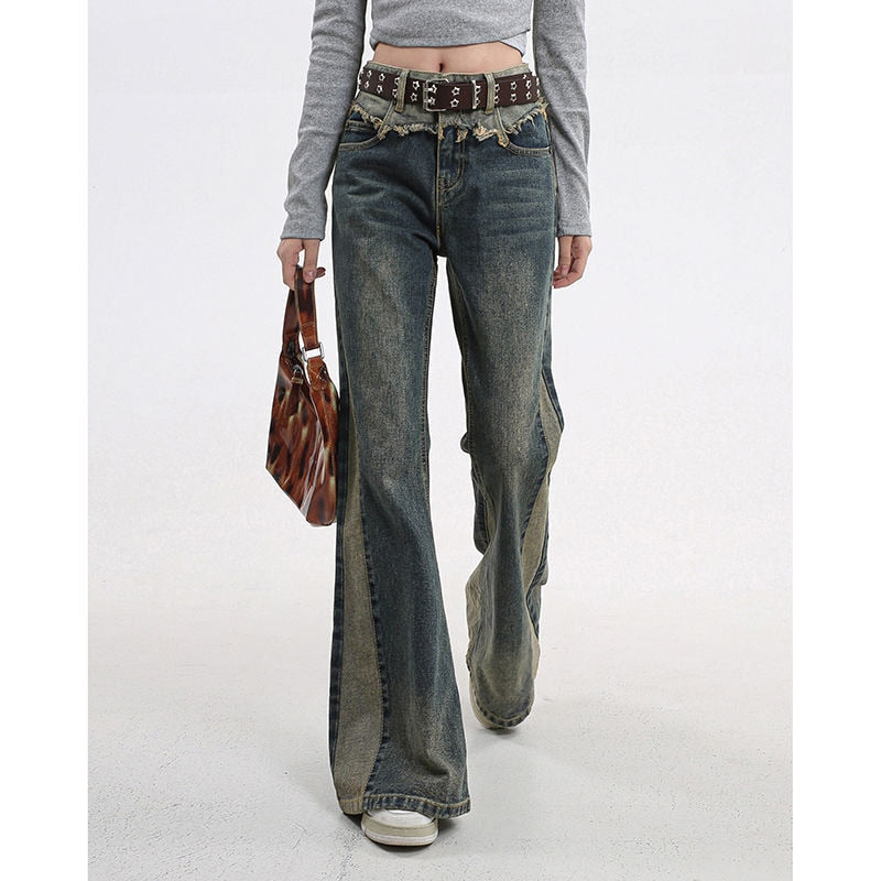 Otusi Vintage Streetwear Style High Waist Flare Baggy Jeans Pants Women's Y2K New Fashion Wide Leg Denim Pants Female Pants